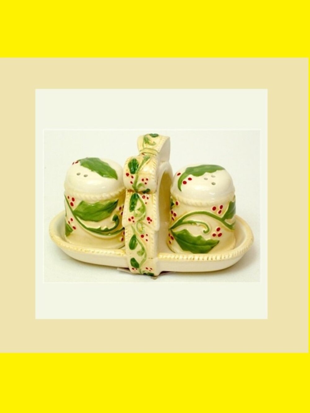 Elegant Holly Salt & Pepper with Rack 3pc Set 5 3/4" wide by 3 1/4" tall 60039